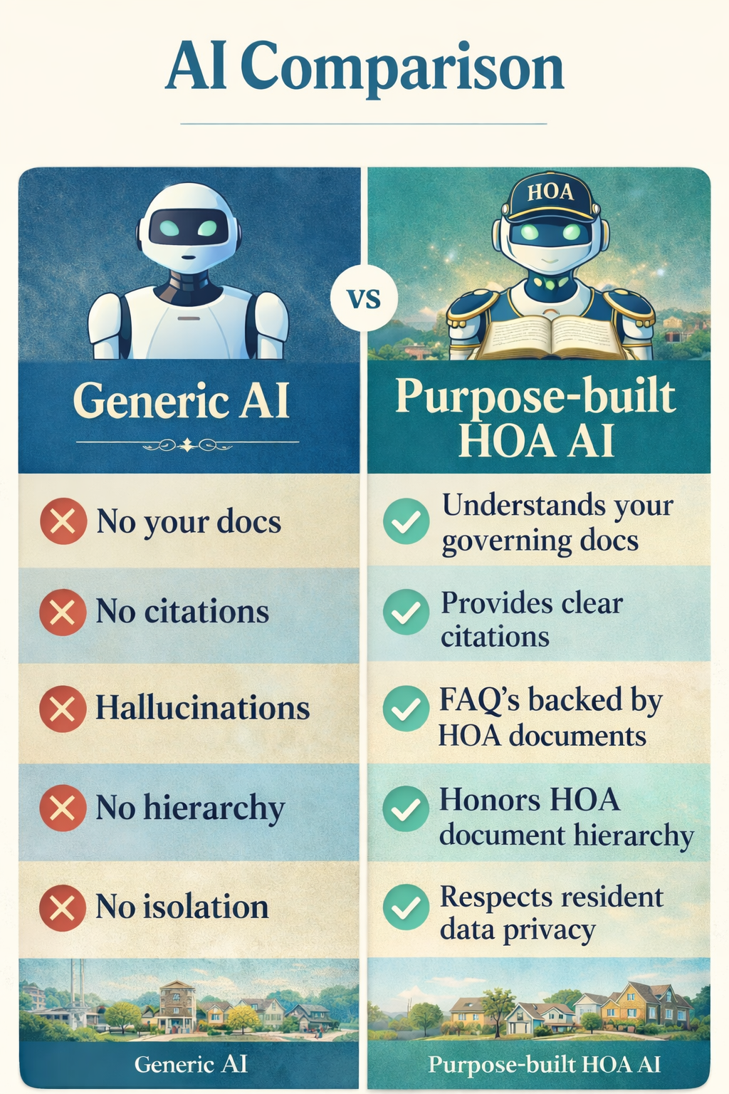 Side-by-side comparison of Generic AI versus Purpose-built HOA AI. Generic AI: no access to your documents, no citations, hallucinations, no document hierarchy awareness, no data isolation. Purpose-built HOA AI: understands your governing docs, provides clear citations, answers backed by HOA documents, honors document hierarchy, respects resident data privacy.